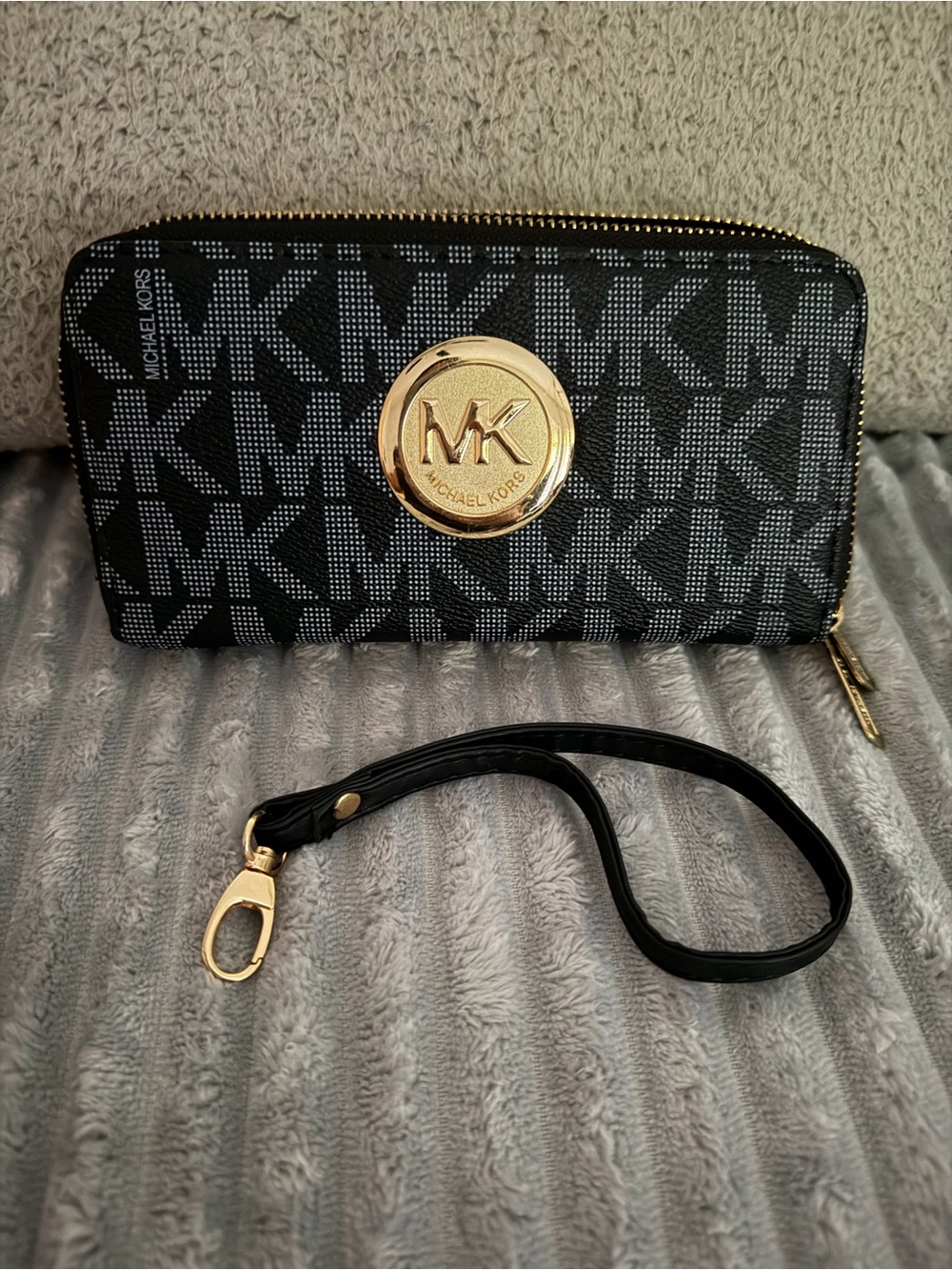 Michael Kors Black MK Logo Zip Wallet with Gold Medallion